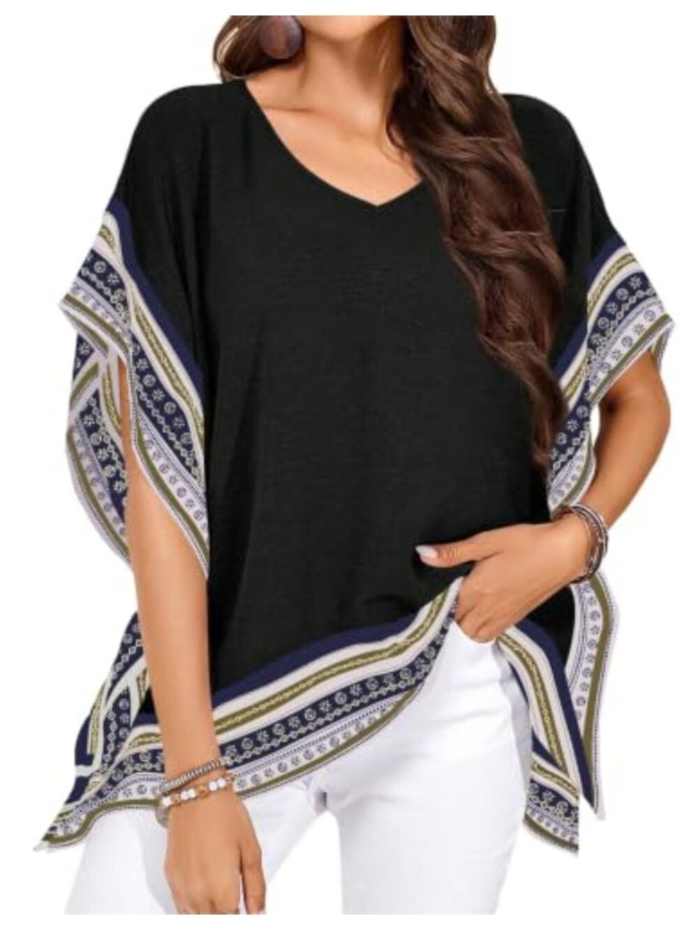 Womens Boho Batwing Short Sleeve V Neck Floral Flowy Peasant Top